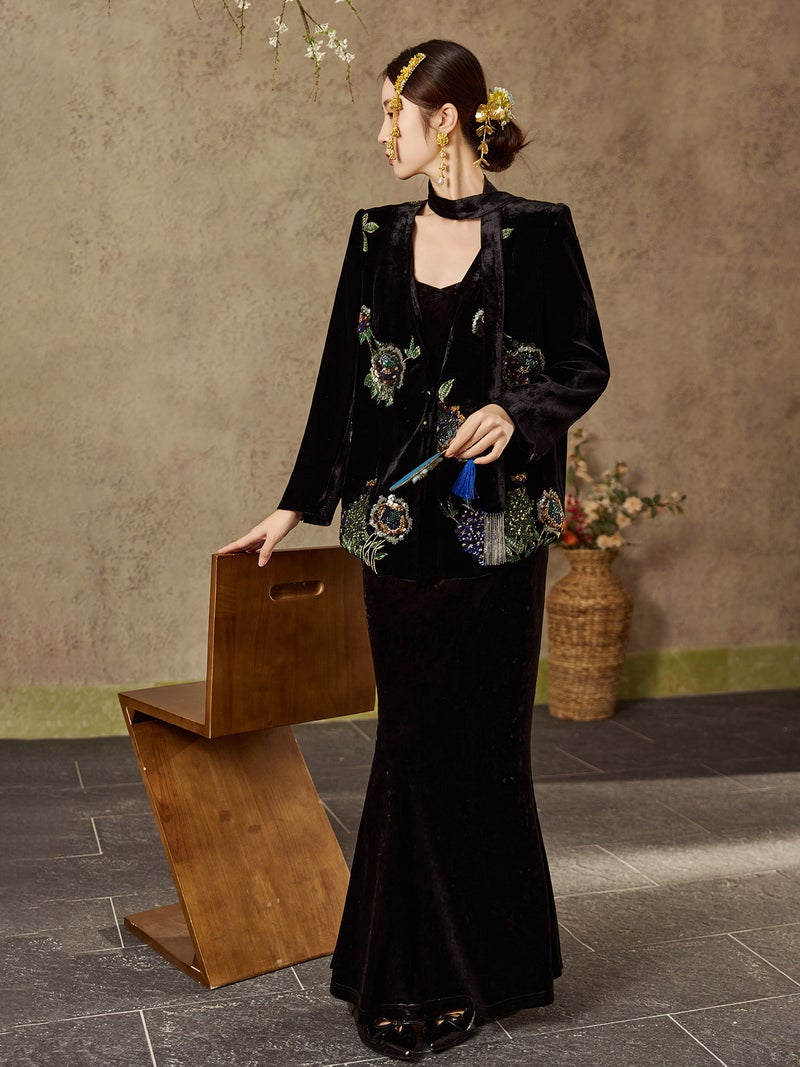 Yailla New Versatile Chinese Style High-End Velvet Top for Autumn and Winter Sequined Embroidery Mulberry Silk Design Elegant and Sophisticated Women'S Coat Niche Design Tang Coat Suit - Image 5